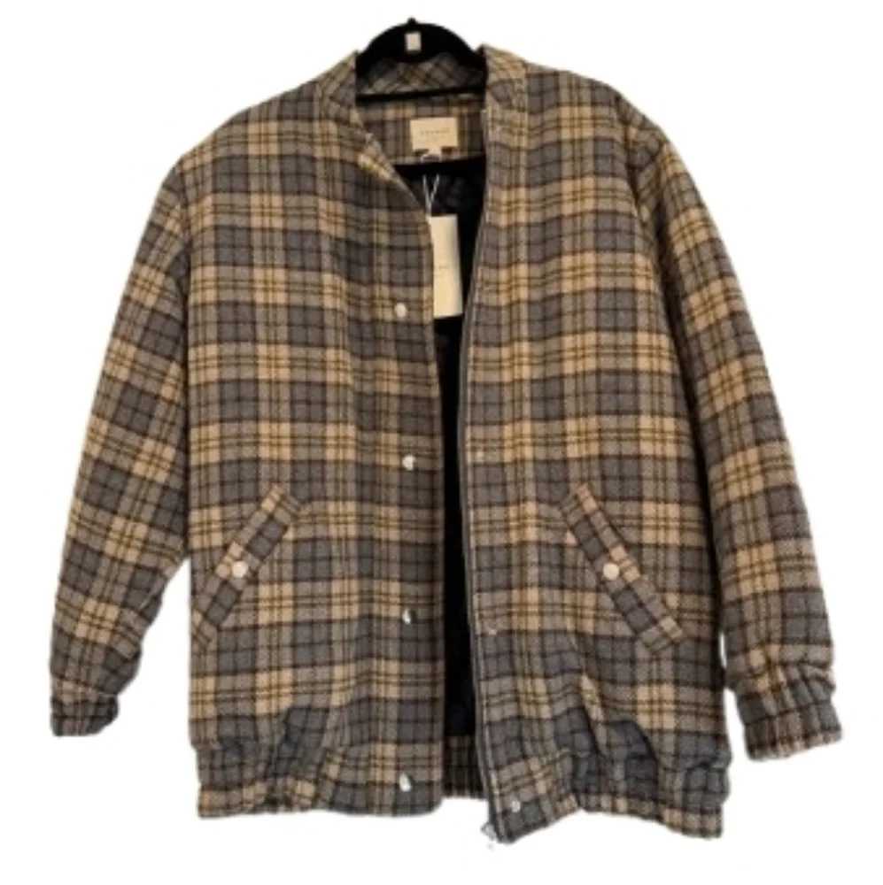 SÉZANE RICHIE Wool Tan Blue Plaid Bomber Oversized Jacket Coat RARE  NWT - Picture 4 of 9